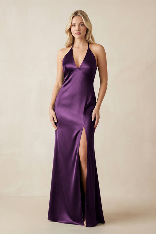 V - Neck Sheath Satin Bridesmaid Dress with Bow in Plum - KissProm Bridesmaid Dresses