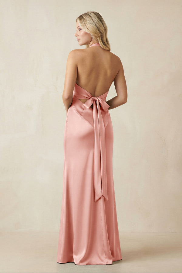 V - Neck Sheath Satin Bridesmaid Dress with Bow in Rose Petal - KissProm Bridesmaid Dresses