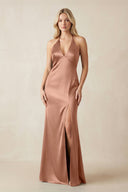 V - Neck Sheath Satin Bridesmaid Dress with Bow in Rosette - KissProm Bridesmaid Dresses