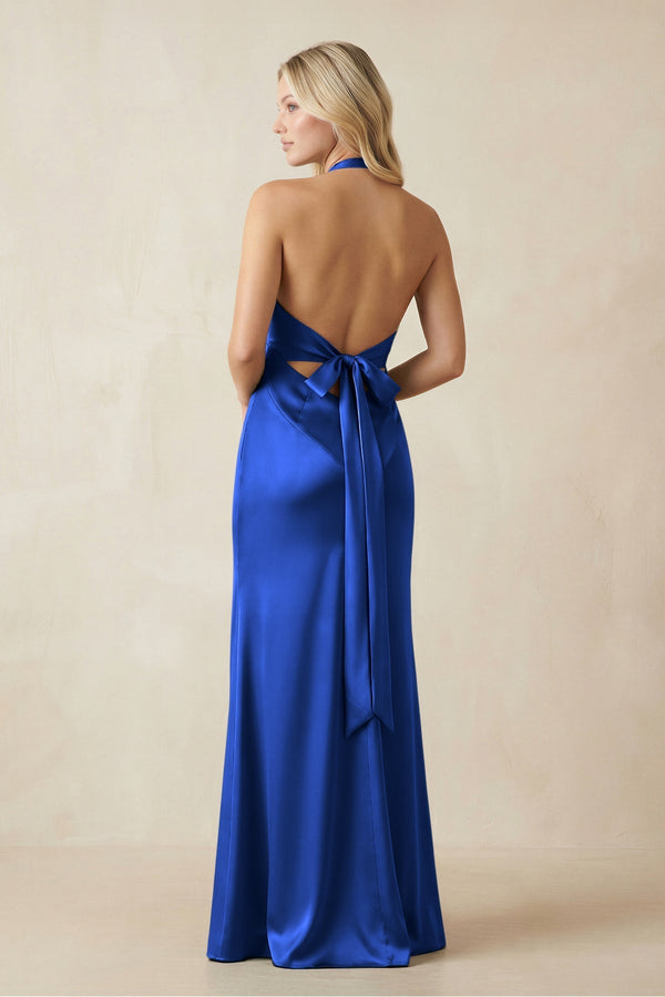 V - Neck Sheath Satin Bridesmaid Dress with Bow in Royal Blue - KissProm Bridesmaid Dresses