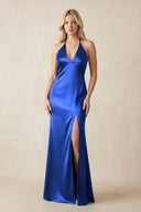 V - Neck Sheath Satin Bridesmaid Dress with Bow in Royal Blue - KissProm Bridesmaid Dresses