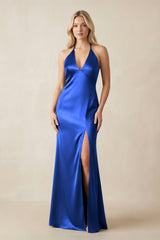 V - Neck Sheath Satin Bridesmaid Dress with Bow in Royal Blue - KissProm Bridesmaid Dresses