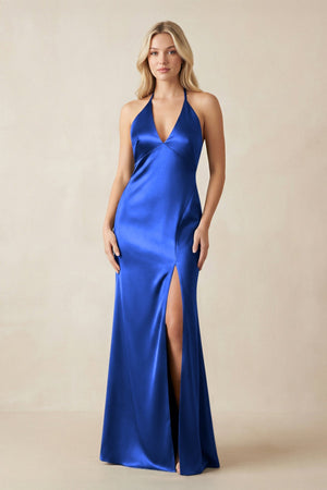 V - Neck Sheath Satin Bridesmaid Dress with Bow in Royal Blue - KissProm Bridesmaid Dresses