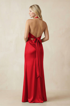 V - Neck Sheath Satin Bridesmaid Dress with Bow in Ruby Red - KissProm Bridesmaid Dresses