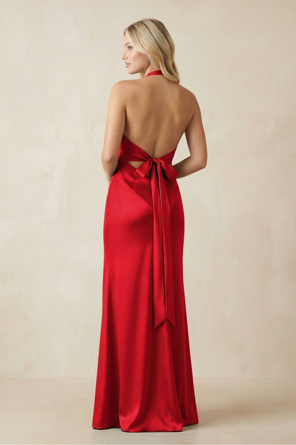 V - Neck Sheath Satin Bridesmaid Dress with Bow in Ruby Red - KissProm Bridesmaid Dresses
