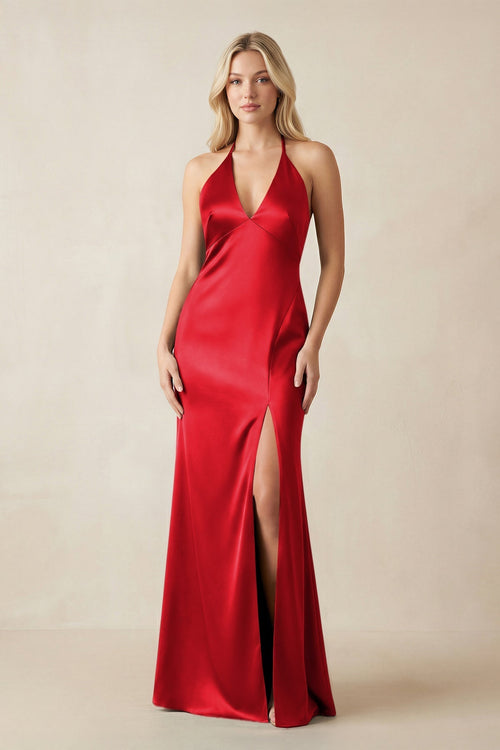 V - Neck Sheath Satin Bridesmaid Dress with Bow in Ruby Red - KissProm Bridesmaid Dresses