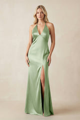 V - Neck Sheath Satin Bridesmaid Dress with Bow in Sage - KissProm Bridesmaid Dresses