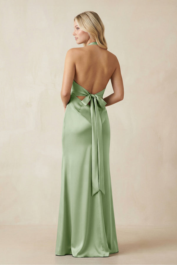 V - Neck Sheath Satin Bridesmaid Dress with Bow in Sage - KissProm Bridesmaid Dresses