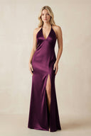 V - Neck Sheath Satin Bridesmaid Dress with Bow in Sangria - KissProm Bridesmaid Dresses