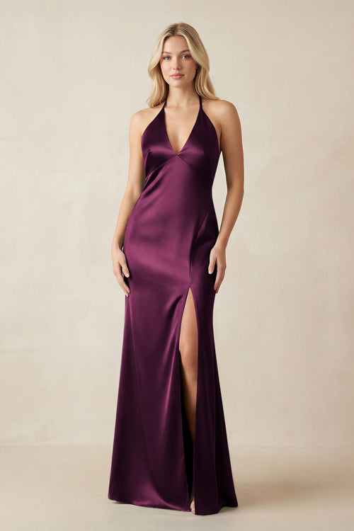 V - Neck Sheath Satin Bridesmaid Dress with Bow in Sangria - KissProm Bridesmaid Dresses