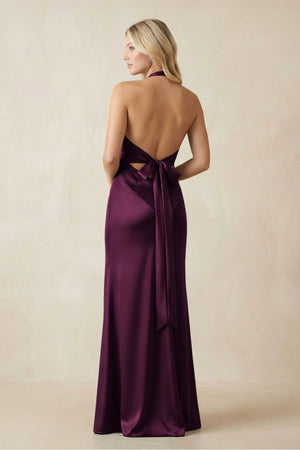 V - Neck Sheath Satin Bridesmaid Dress with Bow in Sangria - KissProm Bridesmaid Dresses