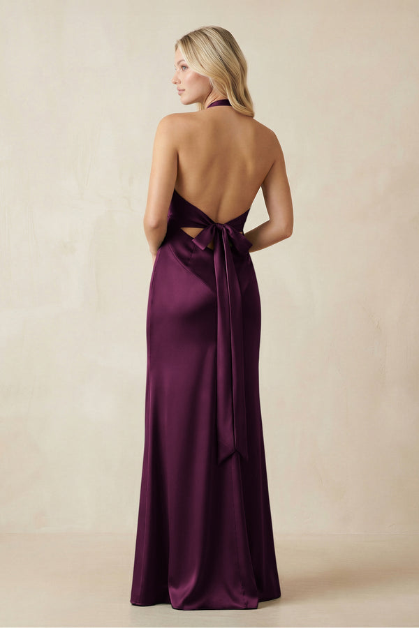 V - Neck Sheath Satin Bridesmaid Dress with Bow in Sangria - KissProm Bridesmaid Dresses