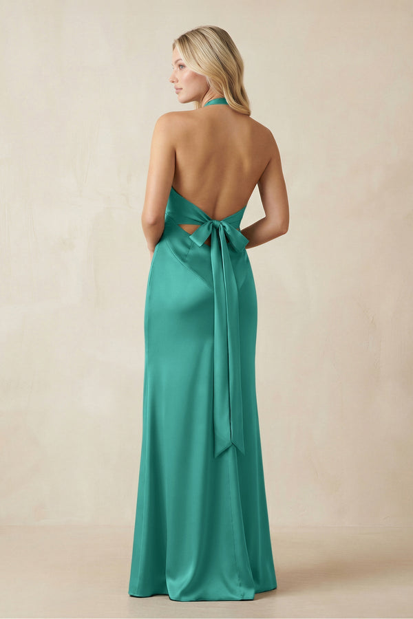 V - Neck Sheath Satin Bridesmaid Dress with Bow in Sea Glass - KissProm Bridesmaid Dresses