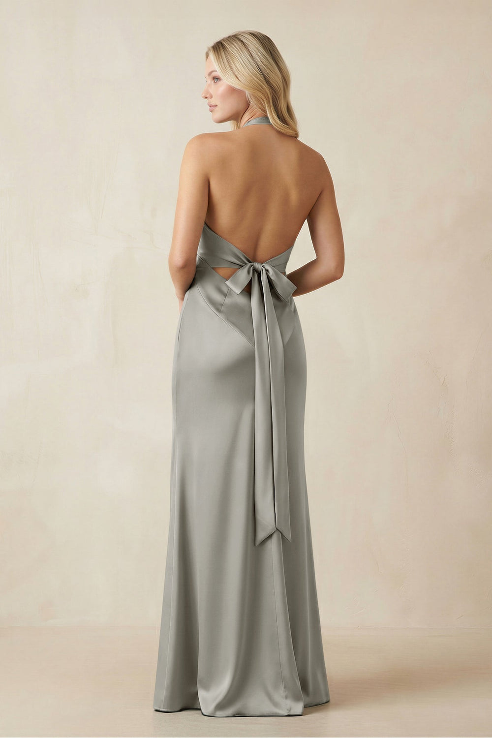 V - Neck Sheath Satin Bridesmaid Dress with Bow in Silver - KissProm Bridesmaid Dresses