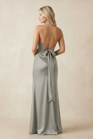 V - Neck Sheath Satin Bridesmaid Dress with Bow in Silver - KissProm Bridesmaid Dresses