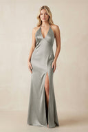 V - Neck Sheath Satin Bridesmaid Dress with Bow in Silver - KissProm Bridesmaid Dresses