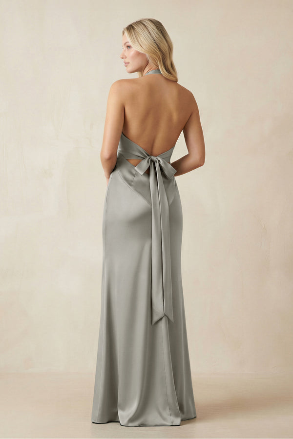 V - Neck Sheath Satin Bridesmaid Dress with Bow in Silver - KissProm Bridesmaid Dresses
