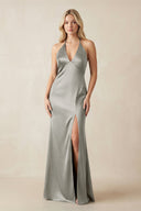 V - Neck Sheath Satin Bridesmaid Dress with Bow in Silver - KissProm Bridesmaid Dresses