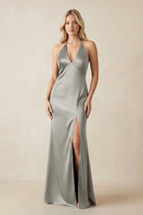 V - Neck Sheath Satin Bridesmaid Dress with Bow in Silver - KissProm Bridesmaid Dresses