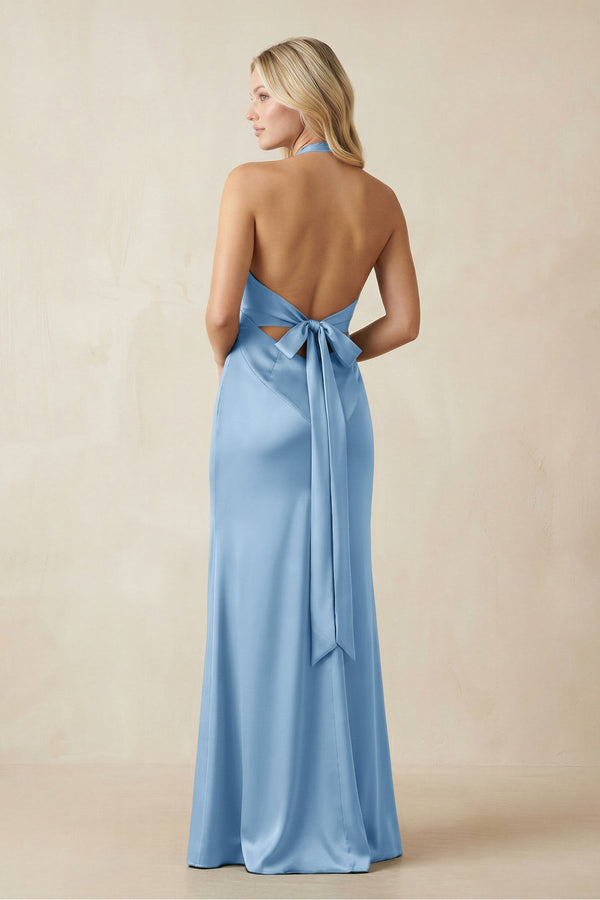 V - Neck Sheath Satin Bridesmaid Dress with Bow in Sky Blue - KissProm Bridesmaid Dresses