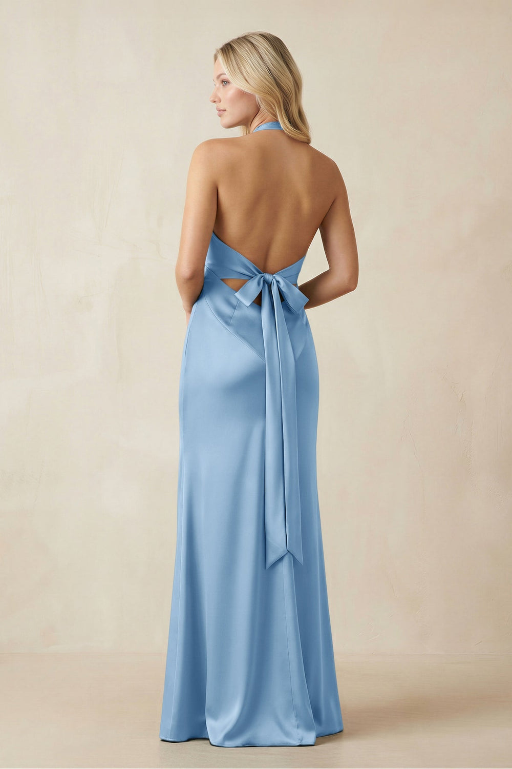 V - Neck Sheath Satin Bridesmaid Dress with Bow in Sky Blue - KissProm Bridesmaid Dresses