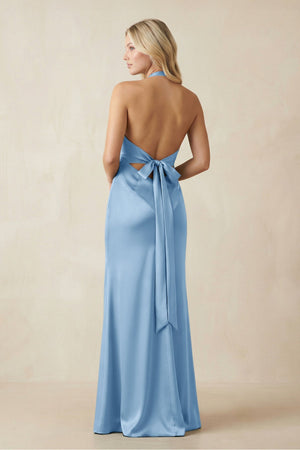 V - Neck Sheath Satin Bridesmaid Dress with Bow in Sky Blue - KissProm Bridesmaid Dresses