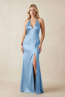 V - Neck Sheath Satin Bridesmaid Dress with Bow in Sky Blue - KissProm Bridesmaid Dresses