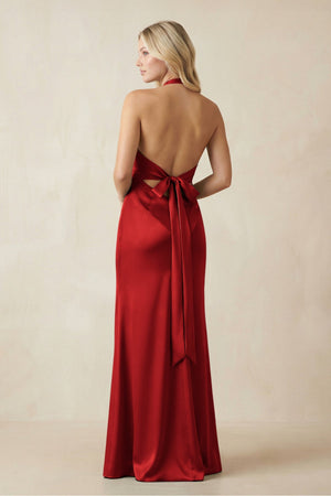 V - Neck Sheath Satin Bridesmaid Dress with Bow in Spice - KissProm Bridesmaid Dresses