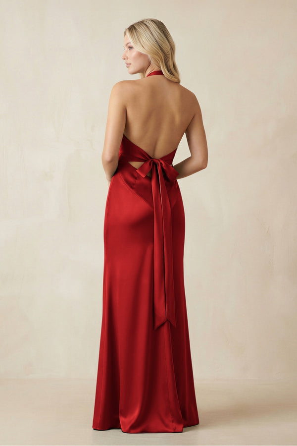 V - Neck Sheath Satin Bridesmaid Dress with Bow in Spice - KissProm Bridesmaid Dresses