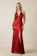 V - Neck Sheath Satin Bridesmaid Dress with Bow in Spice - KissProm Bridesmaid Dresses