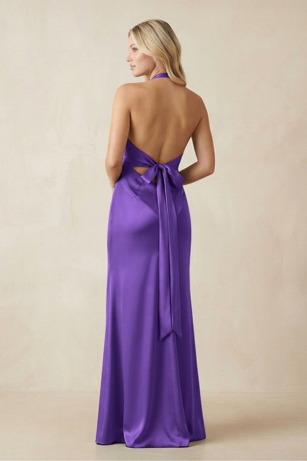 V - Neck Sheath Satin Bridesmaid Dress with Bow in Tahiti - KissProm Bridesmaid Dresses
