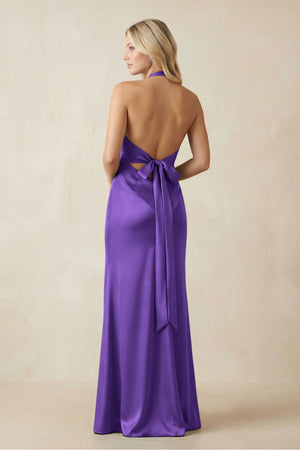 V - Neck Sheath Satin Bridesmaid Dress with Bow in Tahiti - KissProm Bridesmaid Dresses