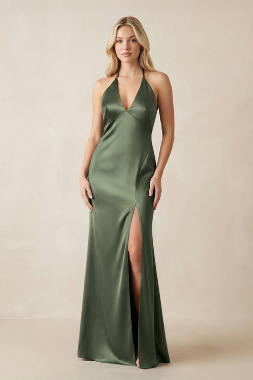 V - Neck Sheath Satin Bridesmaid Dress with Bow in Thyme - KissProm Bridesmaid Dresses
