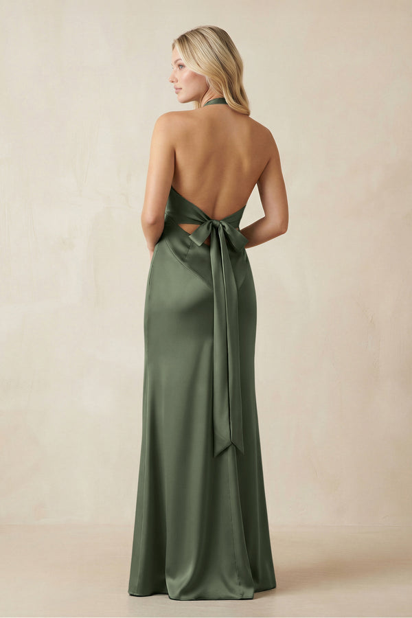 V - Neck Sheath Satin Bridesmaid Dress with Bow in Thyme - KissProm Bridesmaid Dresses