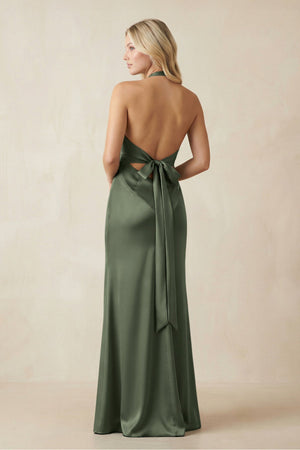 V - Neck Sheath Satin Bridesmaid Dress with Bow in Thyme - KissProm Bridesmaid Dresses