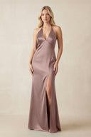 V - Neck Sheath Satin Bridesmaid Dress with Bow in Toffee - KissProm Bridesmaid Dresses