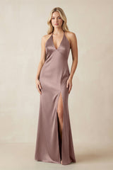 V - Neck Sheath Satin Bridesmaid Dress with Bow in Toffee - KissProm Bridesmaid Dresses