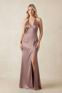 V - Neck Sheath Satin Bridesmaid Dress with Bow in Toffee - KissProm Bridesmaid Dresses