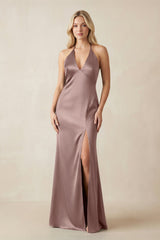 V - Neck Sheath Satin Bridesmaid Dress with Bow in Toffee - KissProm Bridesmaid Dresses