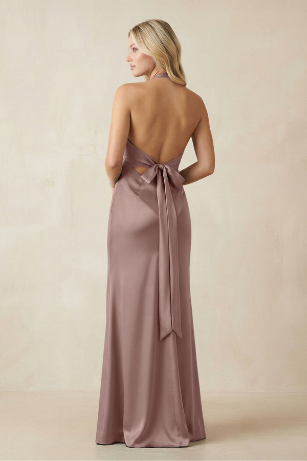 V - Neck Sheath Satin Bridesmaid Dress with Bow in Toffee - KissProm Bridesmaid Dresses