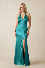 V - Neck Sheath Satin Bridesmaid Dress with Bow in Turquoise - KissProm Bridesmaid Dresses