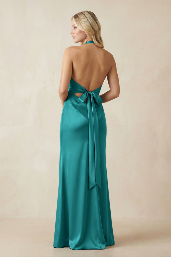 V - Neck Sheath Satin Bridesmaid Dress with Bow in Turquoise - KissProm Bridesmaid Dresses