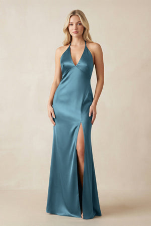 V - Neck Sheath Satin Bridesmaid Dress with Bow in Twilight - KissProm Bridesmaid Dresses