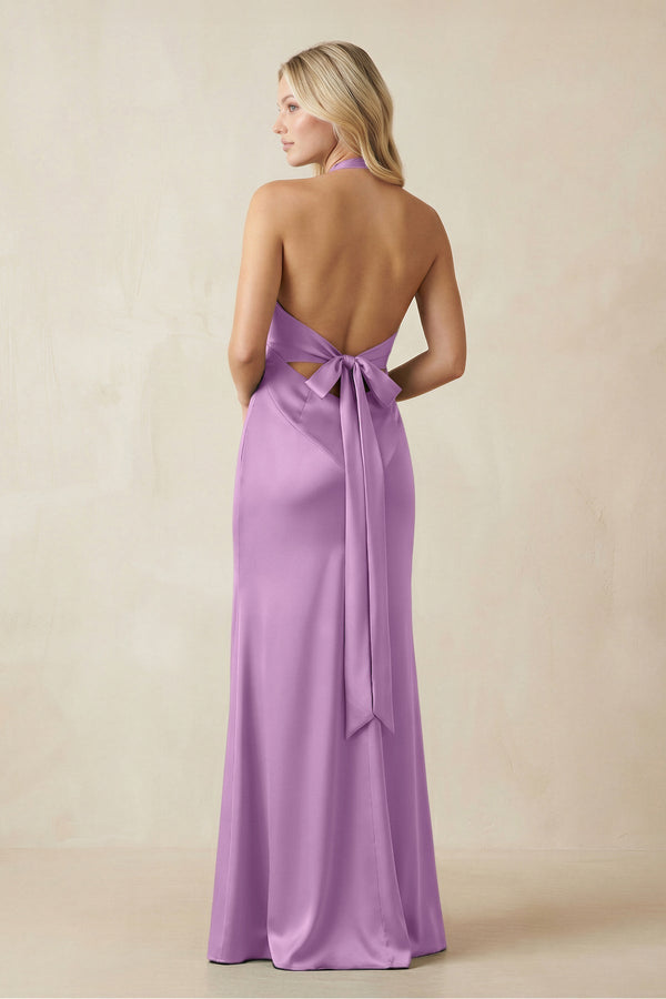 V - Neck Sheath Satin Bridesmaid Dress with Bow in Vintage Mauve - KissProm Bridesmaid Dresses
