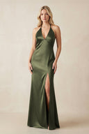 V - Neck Sheath Satin Bridesmaid Dress with Bow in Willow Green - KissProm Bridesmaid Dresses