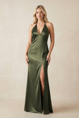 V - Neck Sheath Satin Bridesmaid Dress with Bow in Willow Green - KissProm Bridesmaid Dresses