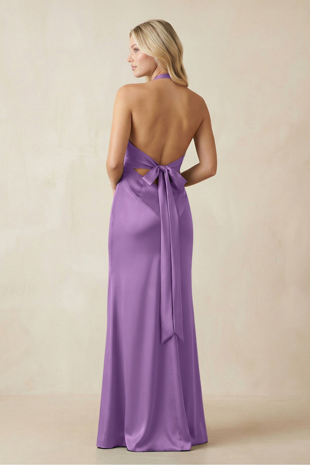 V - Neck Sheath Satin Bridesmaid Dress with Bow in Wisteria - KissProm Bridesmaid Dresses