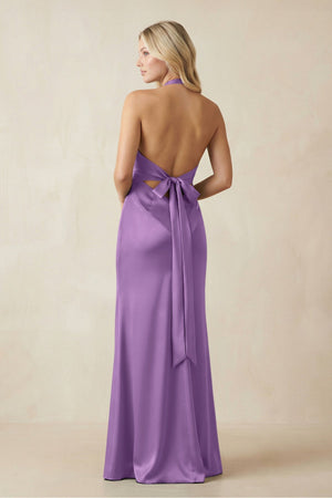 V - Neck Sheath Satin Bridesmaid Dress with Bow in Wisteria - KissProm Bridesmaid Dresses