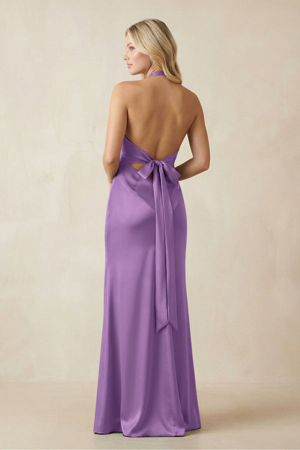 V - Neck Sheath Satin Bridesmaid Dress with Bow in Wisteria - KissProm Bridesmaid Dresses