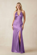 V - Neck Sheath Satin Bridesmaid Dress with Bow in Wisteria - KissProm Bridesmaid Dresses